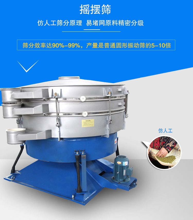 搖擺篩適合精細(xì)和超細(xì)范圍的粉末和微粒狀物料，產(chǎn)量大、精度高